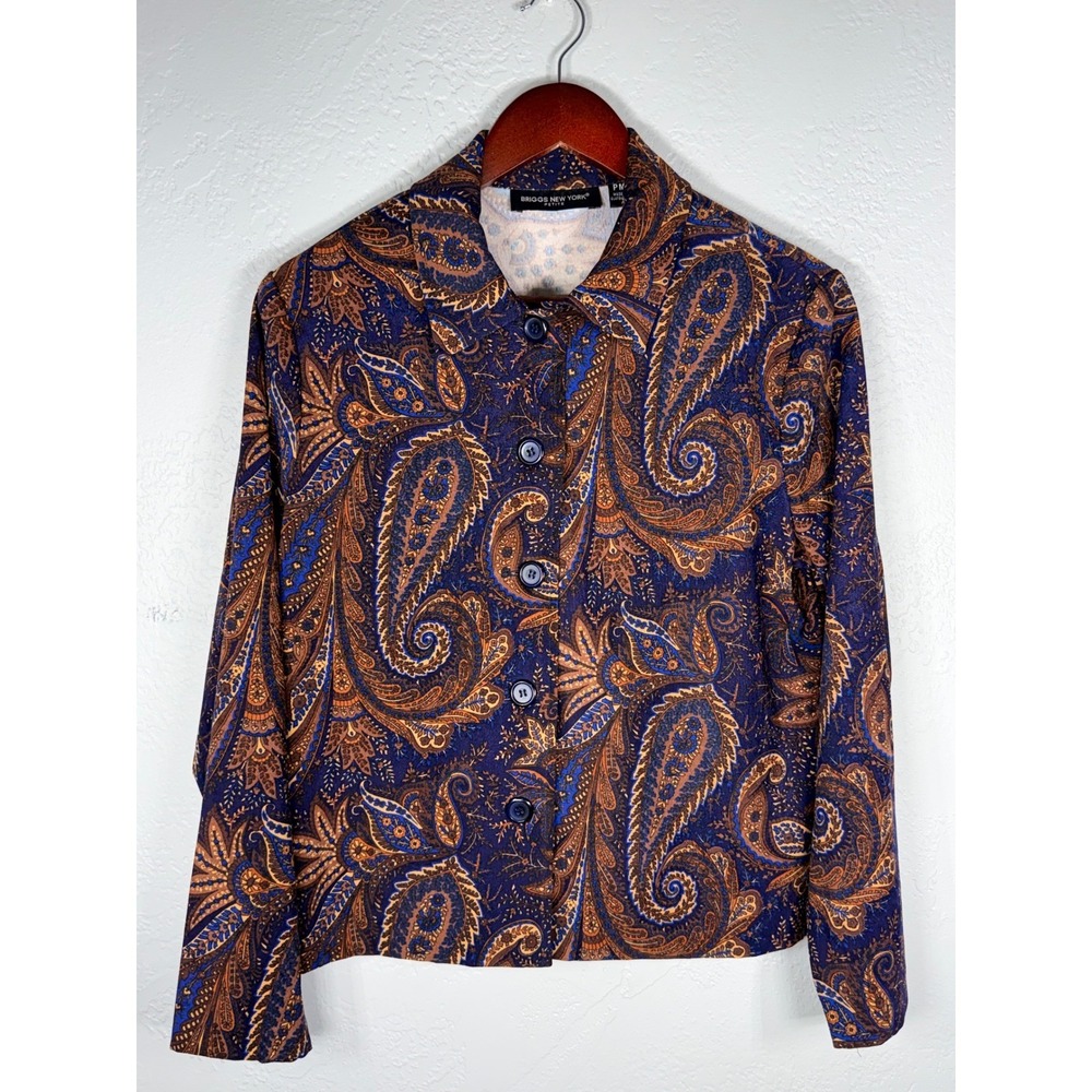 Briggs New York Petite Navy Blue Copper Paisley Button Front Jacket PM